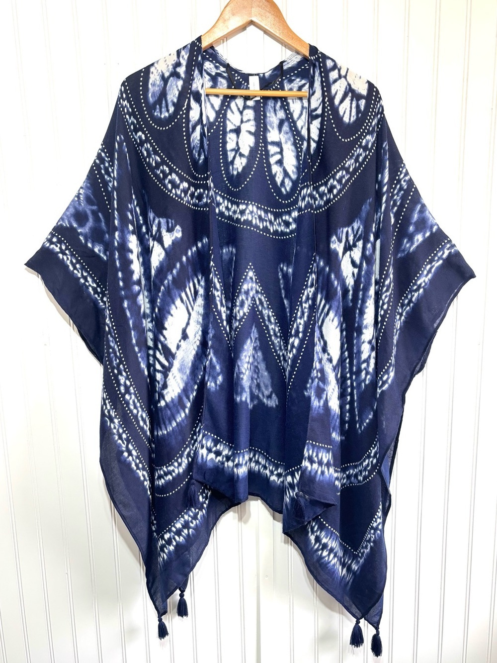 Ava & Aiden Navy Tie Dye Tassel Boho Kimono Cover Up One Size